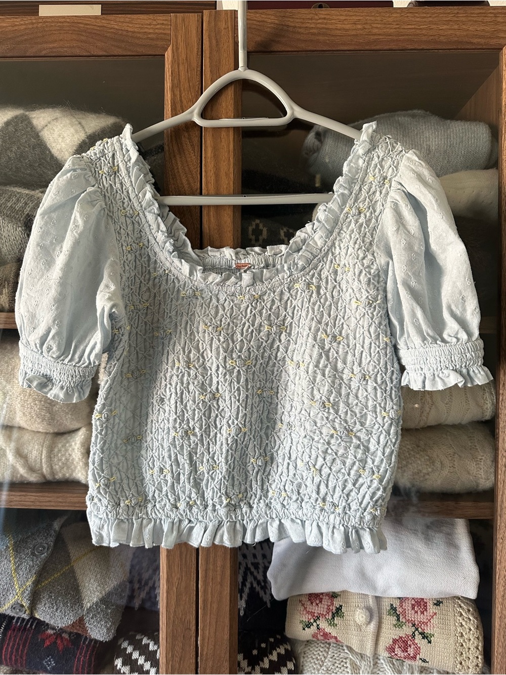 Free People Cecilia Light Blue Smocked Puff Sleeve Blouse